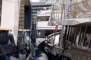 Superyachts moored in port