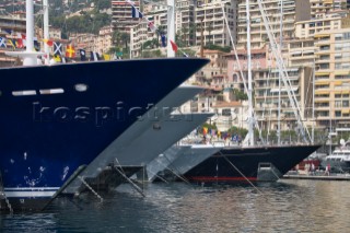 Line up of bows of superyachts and motoryachts moored in harbour at the Monaco Yacht Show