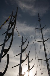 The high tech and modern technology design masts of the superyacht megayacht Maltese Falcon owned by Tom Perkins