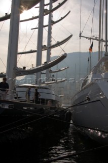 The high tech and modern technology design masts of the superyacht megayacht Maltese Falcon owned by Tom Perkins