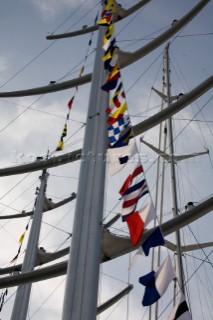 The high tech and modern technology design masts of the superyacht megayacht Maltese Falcon owned by Tom Perkins