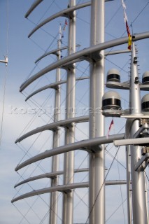 The high tech and modern technology design masts of the superyacht megayacht Maltese Falcon owned by Tom Perkins, including the satellite communication aerials and pods and aerials