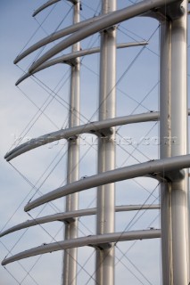 The high tech and modern technology design masts of the superyacht megayacht Maltese Falcon owned by Tom Perkins