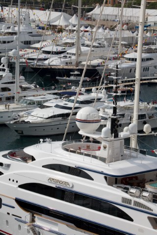 Yachts and superyachts at anchor in the port of Monaco