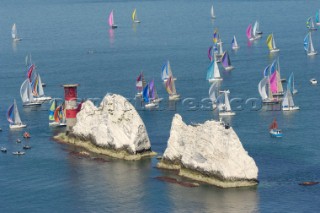 ISLE OF WIGHT, UNITED KINGDOM - JUNE 3:  The Needles Lighthouse. Over 1,600 yachts race from the Royal Yacht Squadron startline off Cowes, anticlockwise around the Isle of Wight in the annual JP Morgan Round the Island Race 2006, one of the biggest yacht races in the world.