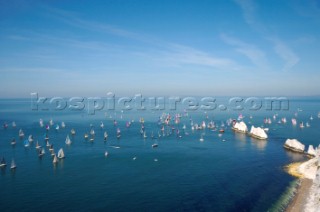 ISLE OF WIGHT, UNITED KINGDOM - JUNE 3:  The Needles Lighthouse. Over 1,600 yachts race from the Royal Yacht Squadron startline off Cowes, anticlockwise around the Isle of Wight in the annual JP Morgan Round the Island Race 2006, one of the biggest yacht races in the world.