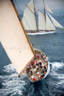 SAINT-TROPEZ, FRANCE - The giant 42 metre classic designed schooner Eleonora built in 2000 crossing on starboard behind the 40 metre Altair (built 1931) during racing at the Voiles de Saint-Tropez on October 3rd 2006. The largest classic and modern yachts from around the world gather in Saint-Tropez annually for a week of racing and festivities to mark the end of the Mediterranean season, before heading across the Atlantic to winter in the Caribbean.