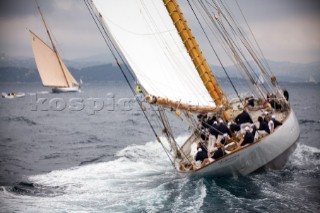 SAINT-TROPEZ, FRANCE - The giant 43 metre schooner Eleonora built in 2000 by Ed Castelain tacking upwind into t south easterly breeze during racing in the Voiles de St Tropez on October 3rd 2006. The largest classic and modern yachts from around the world gather in Saint-Tropez annually for a week of racing and festivities to mark the end of the Mediterranean season, before heading across the Atlantic to winter in the Caribbean.