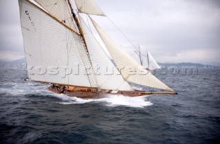 SAINT-TROPEZ, FRANCE - The classic gaff rigged yacht Mariquita charging upwind during racing in the Voiles de St Tropez on October 3rd 2006. The largest classic and modern yachts from around the world gather in Saint-Tropez annually for a week of racing and festivities to mark the end of the Mediterranean season, before heading across the Atlantic to winter in the Caribbean.