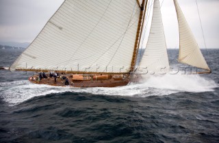 SAINT-TROPEZ, FRANCE - The classic gaff rigged yacht Mariquita charging upwind during racing in the Voiles de St Tropez on October 3rd 2006. The largest classic and modern yachts from around the world gather in Saint-Tropez annually for a week of racing and festivities to mark the end of the Mediterranean season, before heading across the Atlantic to winter in the Caribbean.