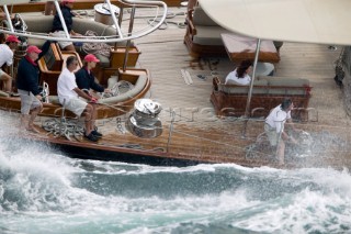 PALMA, MAJORCA - October 12th 2006: The sail trimmers control the massive sheet winches holding tons of sail pressure onboard the massive 32 metre Frers designed superyacht Bolero during Race 1 of the Superyacht Cup on October 12th 2006. The Superyacht Cup brings together the most luxurious cruising yachts in the world for racing and social activities. The race was won by American yacht Virago, owned and driven by Stuart Townsend. (Photo by Kos/Kos Picture Source)