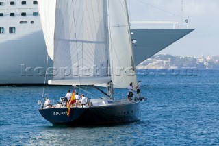 PALMA, MAJORCA - October 12th 2006: The sailng superyacht Atalanta from Majorca sailing past the bow of a cruise ship liner (Photo by Kos/Kos Picture Source)