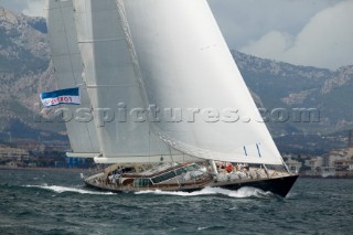 PALMA, MAJORCA - October 12th 2006: The 47 metre superyacht Scheherazade (USA), designed by Bruce King and skippered by Bear Wynne, competing in Persuit Race 1 of the Superyacht Cup on October 12th 2006. The race was won by American yacht Virago, built by the Nautor Swan shipyard in Finland and owned and driven by Stuart Townsend. (Photo by Kos/Kos Picture Source)