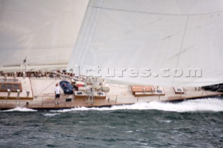 PALMA, MAJORCA - October 12th 2006: The sail trimmers control the massive sheet winches holding tons of sail pressure onboard the massive 32 metre Frers designed superyacht Bolero during Race 1 of the Superyacht Cup on October 12th 2006. The Superyacht Cup brings together the most luxurious cruising yachts in the world for racing and social activities. The race was won by American yacht Virago, owned and driven by Stuart Townsend. (Photo by Kos/Kos Picture Source)