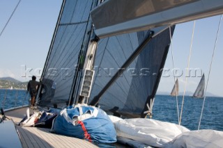 SAINT-TROPEZ, FRANCE - October 5th: The bowman onboard the Wally maxi yacht Dangerous But Fun of Monaco owned by Michelle Perris calls the distance to the startline on October 5th 2006. The largest classic and modern yachts from around the world gather in Saint-Tropez annually for a week of racing and festivities to mark the end of the Mediterranean season, before heading across the Atlantic to winter in the Caribbean.