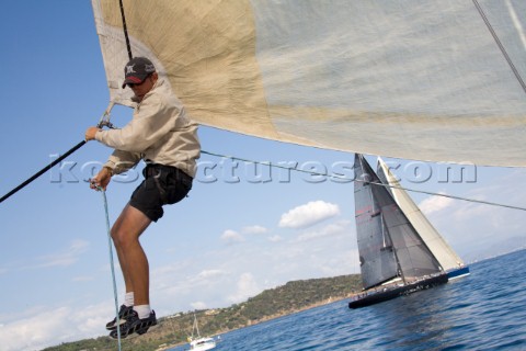 SAINTTROPEZ FRANCE  October 5th The bowman adjusts the jib sheets onboard the Wally maxi yacht Dange