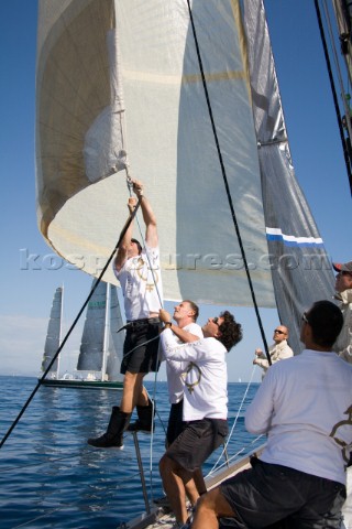 SAINTTROPEZ FRANCE  October 5th The bow man with the help of the crew adjusts the jib sheets onboard