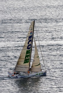 BILBAO, SPAIN - October 22nd 2006: British solo sailor Mike Golding (GBR), skipper of the Open 60ft Monohull ECOVER during Leg 1 of the Velux 5 Oceans race. The Velux 5 Oceans is a three part round the world yacht race for the bravest of solo sailors. Leg 1 is approximately 12,000 miles from Bilbao in Spain to Fremantle in Western Australia. It is the ultimate test of sailing skill, stamina and endurance. (Rights restrictions may apply)