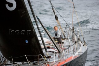 BILBAO, SPAIN - October 22nd 2006: Alex Thomson (GBR) onboard his Open 60ft monohull HUGO BOSS. The Velux 5 Oceans is a three part round the world yacht race for the bravest of solo sailors. Leg 1 is approximately 12,000 miles from Bilbao in Spain to Fremantle in Western Australia. It is the ultimate test of sailing skill, stamina and endurance. (Rights restrictions may apply)