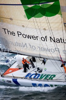 BILBAO, SPAIN - October 22nd 2006: British solo sailor Mike Golding (GBR), skipper of the Open 60ft Monohull ECOVER during Leg 1 of the Velux 5 Oceans race. The Velux 5 Oceans is a three part round the world yacht race for the bravest of solo sailors. Leg 1 is approximately 12,000 miles from Bilbao in Spain to Fremantle in Western Australia. It is the ultimate test of sailing skill, stamina and endurance. (Rights restrictions may apply)