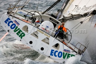 BILBAO, SPAIN - October 22nd 2006: British solo sailor Mike Golding (GBR), skipper of the Open 60ft Monohull ECOVER during Leg 1 of the Velux 5 Oceans race. The Velux 5 Oceans is a three part round the world yacht race for the bravest of solo sailors. Leg 1 is approximately 12,000 miles from Bilbao in Spain to Fremantle in Western Australia. It is the ultimate test of sailing skill, stamina and endurance. (Rights restrictions may apply)