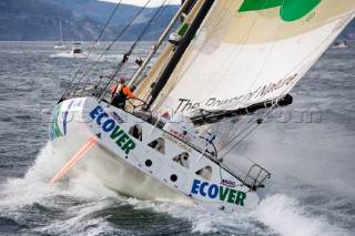 BILBAO, SPAIN - October 22nd 2006: British solo sailor Mike Golding (GBR), skipper of the Open 60ft Monohull ECOVER during Leg 1 of the Velux 5 Oceans race. The Velux 5 Oceans is a three part round the world yacht race for the bravest of solo sailors. Leg 1 is approximately 12,000 miles from Bilbao in Spain to Fremantle in Western Australia. It is the ultimate test of sailing skill, stamina and endurance. (Rights restrictions may apply)