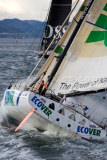 BILBAO, SPAIN - October 22nd 2006: British solo sailor Mike Golding (GBR), skipper of the Open 60ft Monohull ECOVER during Leg 1 of the Velux 5 Oceans race. The Velux 5 Oceans is a three part round the world yacht race for the bravest of solo sailors. Leg 1 is approximately 12,000 miles from Bilbao in Spain to Fremantle in Western Australia. It is the ultimate test of sailing skill, stamina and endurance. (Rights restrictions may apply)