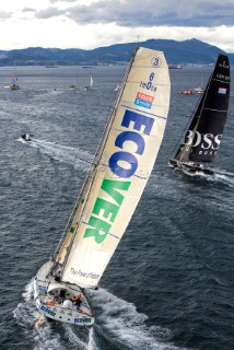 BILBAO, SPAIN - October 22nd 2006: British solo sailor Mike Golding (GBR), skipper of the Open 60ft Monohull ECOVER during Leg 1 of the Velux 5 Oceans race. The Velux 5 Oceans is a three part round the world yacht race for the bravest of solo sailors. Leg 1 is approximately 12,000 miles from Bilbao in Spain to Fremantle in Western Australia. It is the ultimate test of sailing skill, stamina and endurance. (Rights restrictions may apply)