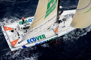 BILBAO, SPAIN - October 22nd 2006: British solo sailor Mike Golding (GBR), skipper of the Open 60ft Monohull ECOVER during Leg 1 of the Velux 5 Oceans race. The Velux 5 Oceans is a three part round the world yacht race for the bravest of solo sailors. Leg 1 is approximately 12,000 miles from Bilbao in Spain to Fremantle in Western Australia. It is the ultimate test of sailing skill, stamina and endurance. (Rights restrictions may apply)