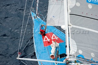 BILBAO, SPAIN - October 22nd 2006: Sir Robin Knox-Johnston (GBR), at 67 years old skipper of the Open 60 yacht SAGA INSURANCE during Leg 1 of the Velux 5 Oceans yacht race. The Velux 5 Oceans is a three part round the world yacht race for the bravest of solo sailors. Leg 1 is approximately 12,000 miles from Bilbao in Spain to Fremantle in Western Australia. It is the ultimate test of sailing skill, stamina and endurance. (Rights restrictions may apply)