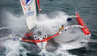 LORIENT, FRANCE - Skipper Yvan Bourgnon (SUI) training onboard his trimaran racing yacht BROSSARD on October 6th in preparation for the Route du Rhum trans-atlantic race start on Sunday October 29th 2006. The Route du Rhum is a challenging race for solo sailors which starts in St Malo and finishes in Pointe a Pitre, Guadeloupe.  (Rights restrictions may apply)