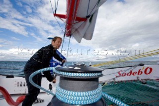 LA TRINITE-SUR-MER, FRANCE - Skipper Thomas Coville (FRA) training for the Route du Rhum race onboard his Open 60 trimaran SODEBO on October 4th 2006 in preparation for the trans-atlantic race start on Sunday October 29th 2006. The Route du Rhum is a challenging race for solo sailors which starts in St Malo and finishes in Pointe a Pitre, Guadeloupe. (Rights restrictions may apply)