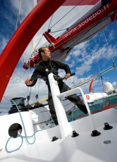 LA TRINITE-SUR-MER, FRANCE - Skipper Thomas Coville (FRA) training for the Route du Rhum race onboard his Open 60 trimaran SODEBO on October 4th 2006 in preparation for the trans-atlantic race start on Sunday October 29th 2006. The Route du Rhum is a challenging race for solo sailors which starts in St Malo and finishes in Pointe a Pitre, Guadeloupe.  (Rights restrictions may apply)