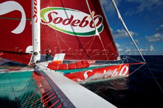 LA TRINITE-SUR-MER, FRANCE - Skipper Thomas Coville (FRA) training for the Route du Rhum race onboard his Open 60 trimaran SODEBO on October 4th 2006 in preparation for the trans-atlantic race start on Sunday October 29th 2006. The Route du Rhum is a challenging race for solo sailors which starts in St Malo and finishes in Pointe a Pitre, Guadeloupe.  (Rights restrictions may apply)