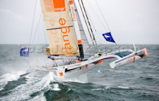 LORIENT, FRANCE: Skipper Steve Ravussin (SUI)  training onboard his Open 60 trimaran ORANGE PROJECT on October 6th 2006 in preparation for the Route du Rhum trans-atlantic race start on Sunday October 29th 2006. The Route du Rhum is a challenging race for solo sailors which starts in St Malo and finishes in Pointe a Pitre, Guadeloupe.  (Rights restrictions may apply)