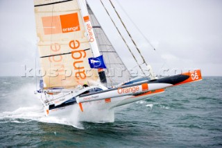 LORIENT, FRANCE: Skipper Steve Ravussin (SUI)  training onboard his Open 60 trimaran ORANGE PROJECT on October 6th 2006 in preparation for the Route du Rhum trans-atlantic race start on Sunday October 29th 2006. The Route du Rhum is a challenging race for solo sailors which starts in St Malo and finishes in Pointe a Pitre, Guadeloupe.  (Rights restrictions may apply)