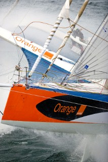 LORIENT, FRANCE: Skipper Steve Ravussin (SUI)  training onboard his Open 60 trimaran ORANGE PROJECT on October 6th 2006 in preparation for the Route du Rhum trans-atlantic race start on Sunday October 29th 2006. The Route du Rhum is a challenging race for solo sailors which starts in St Malo and finishes in Pointe a Pitre, Guadeloupe.  (Rights restrictions may apply)