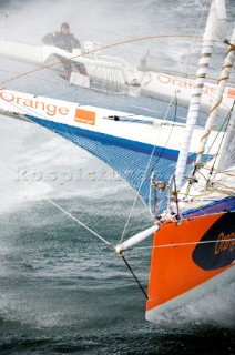 LORIENT, FRANCE: Skipper Steve Ravussin (SUI)  training onboard his Open 60 trimaran ORANGE PROJECT on October 6th 2006 in preparation for the Route du Rhum trans-atlantic race start on Sunday October 29th 2006. The Route du Rhum is a challenging race for solo sailors which starts in St Malo and finishes in Pointe a Pitre, Guadeloupe.  (Rights restrictions may apply)