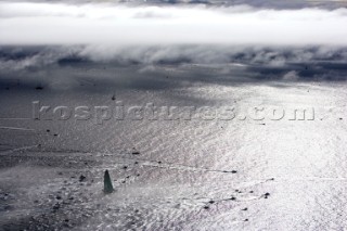 06_15738 © Th.Martinez. ST MALO, FRANCE,  29 October 2006 . ROUTE DU RHUM-LA BANQUE POSTALE,Single-handed transatlantic sailing race : St Malo (FRA) / Ponte a Pitre (Guadeloupe/ French West Indies) 3543 NM . . Start from St Malo on 29th Oct. Open 60 multihull GROUPAMA surrounded by spectators boats .