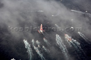 ST. MALO, FRANCE - OCTOBER 29th 2006: The Open 60 trimarans and monohull classes are watched by crowds of spectators as they start the Route du Rhum trans-atlantic race off St. Malo, France, on October 29th. The Route du Rhum is a challenging race for solo sailors which starts in St Malo and finishes in Pointe a Pitre, Guadeloupe. (Photo by Gilles Martin-Raget/Kos Picture Source via Getty Images)