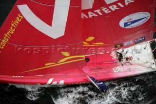 ST. MALO, FRANCE - OCTOBER 29th 2006: Jean Le Cam (Fra) on his Open 60 monohull VM Materiaux starts the Route du Rhum. The Open 60 trimarans and monohull classes are watched by crowds of spectators as they start the Route du Rhum trans-atlantic race off St. Malo, France, on October 29th. The Route du Rhum is a challenging race for solo sailors which starts in St Malo and finishes in Pointe a Pitre, Guadeloupe. (Photo by Gilles Martin-Raget/Kos Picture Source via Getty Images)