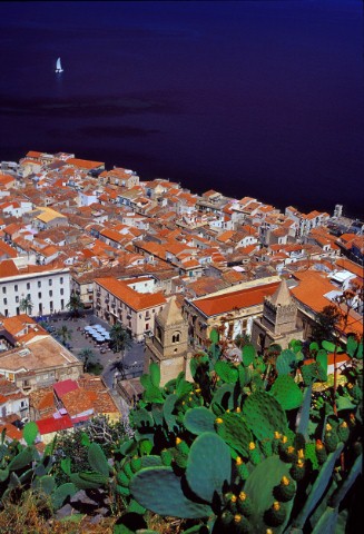 Cefal  Sicily  Italy Roofs of the City seen from the Rocca Ruines