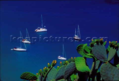 Cefal  Sicily  Italy View from the Rocca Ruines Sailing boats