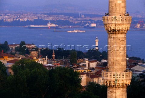 Turkey  Istanbul  a hillside shot of a river with shipping moving around an industrial port