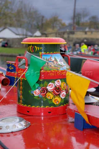 Decorated water jug on roof of Narrow BoatTrevor WharfLlangollen CanalClwydWalesNovember 2005