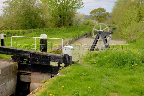 Top lock gate and paddle gearBelan locksMontgomery canalnear WelshpoolPowysWalesUKMay 2006