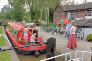 Locking through outside the Willey Moor Lock Tavern,near Whitchurch,Shropshire,England.July 2006.