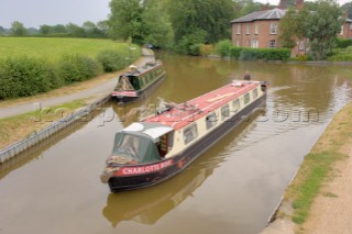 Narrow boats on the Llangollen canal at Ellesmere,Shropshire,England.