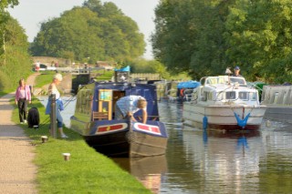 Canal boats below Wheaton Aston lock on the Shropshire Union canal,Staffordshire,England,September 2006.