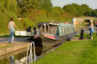 Narrowboat  entering the top of the lock at Wheaton Aston on the Shropshire Union canal,Staffordshire,England,September 2006.